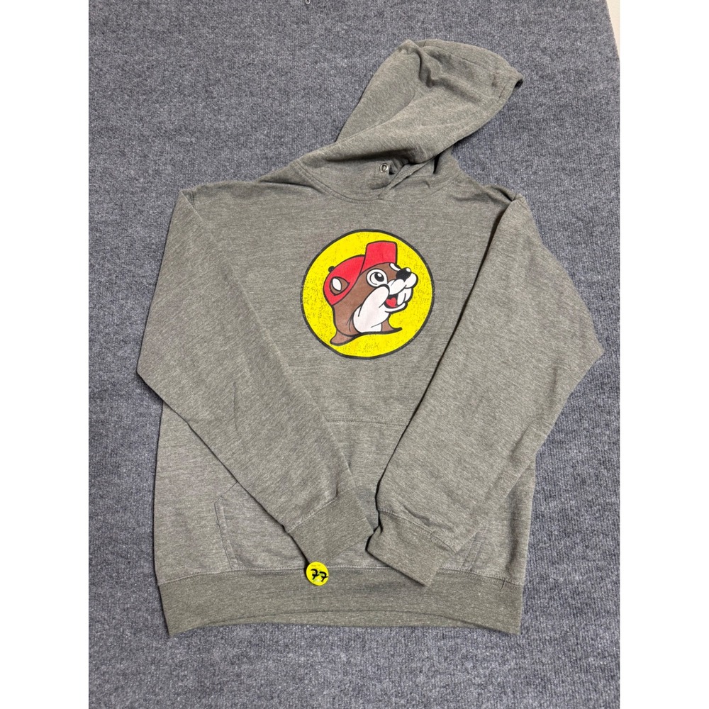 Buc-ee's mens Pullover Fleece Hoodie Gray Logo Graphic Hooded Pockets M